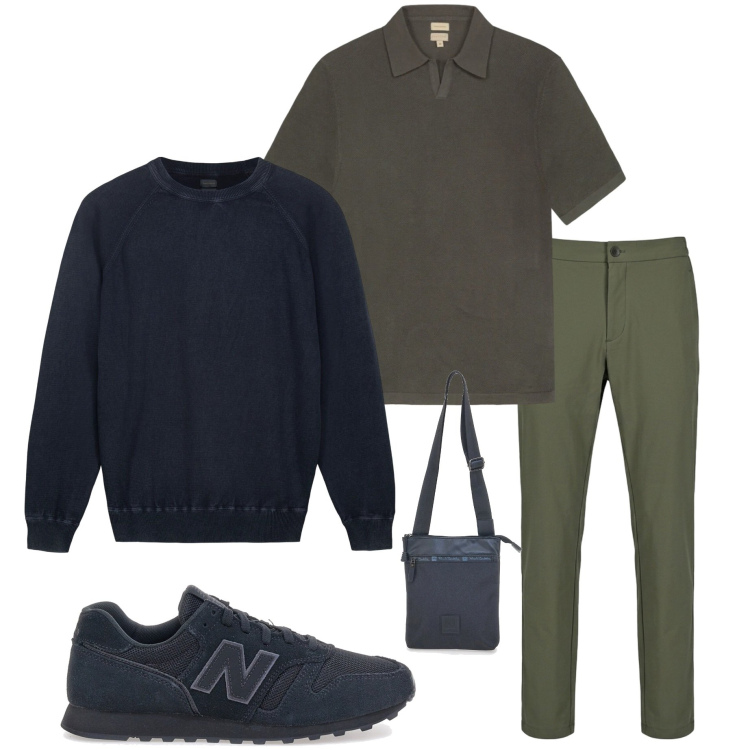 Outfit uomo - In città. Stile Urban per Tutti i giorni. Abbinamento con polo, maglieria, pantaloni, sneakers, portafogli.