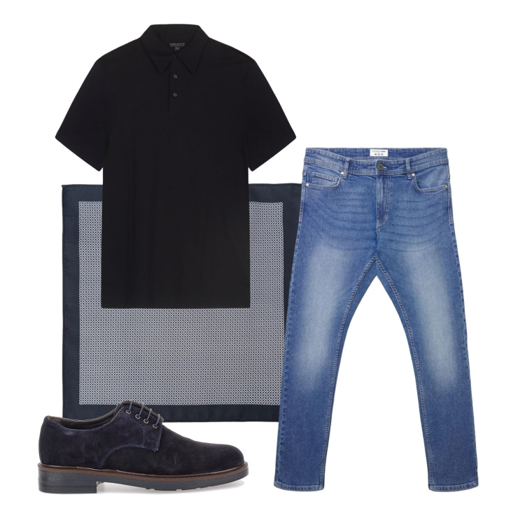 Outfit uomo - Maggio. Stile Trendy per Tutti i giorni. Abbinamento con jeans skinny, scarpe stringate, polo, sciarpe e foulard.