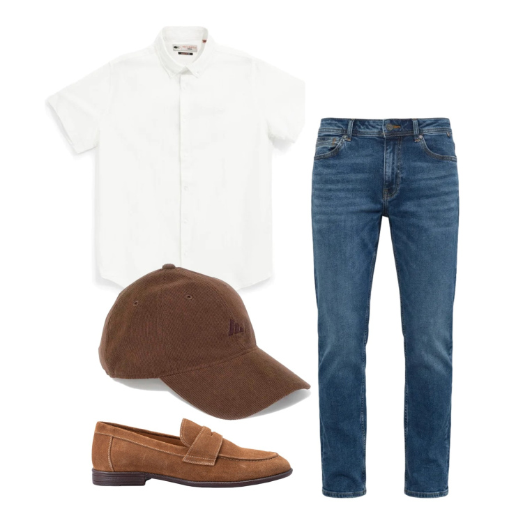 Outfit uomo - Maggio. Stile Trendy per Tutti i giorni. Abbinamento con jeans, cappelli con visiera, scarpe stringate, camicie a manica corta.