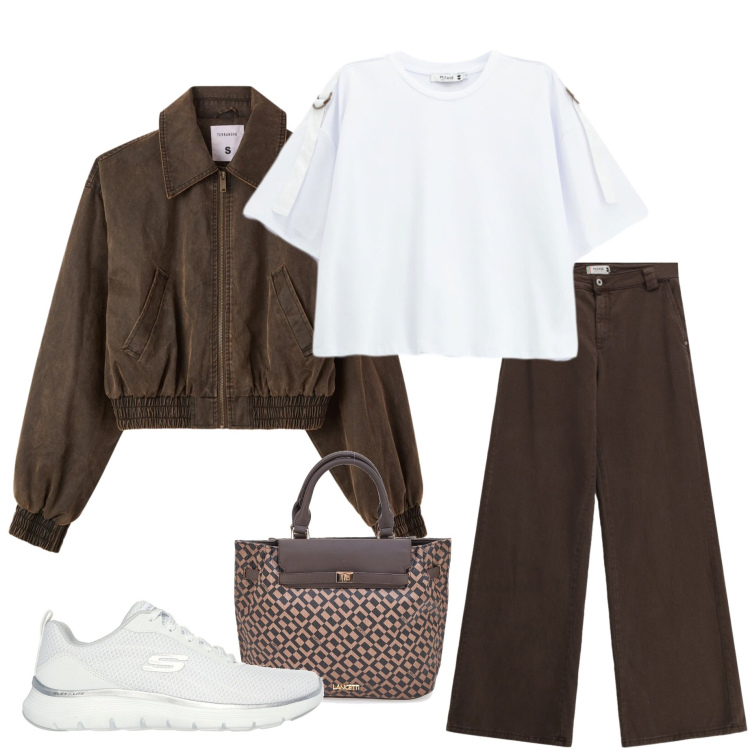Outfit donna - Il fresco del mattino. Stile Casual per Scuola/Università. Abbinamento con bomber, pantaloni a palazzo, t-shirt, sneakers, borse a mano.