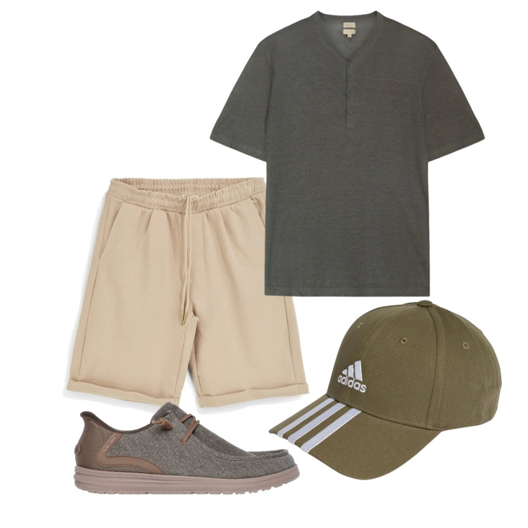 Outfit uomo - Maggio. Stile Urban per Tutti i giorni. Abbinamento con t-shirt, cappelli con visiera, scarpe stringate, bermuda.