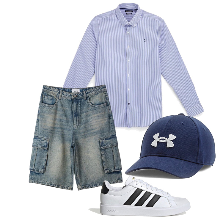 Outfit uomo - Maggio. Stile Urban per Tutti i giorni. Abbinamento con pantaloni corti, cappelli, sneakers, camicie.