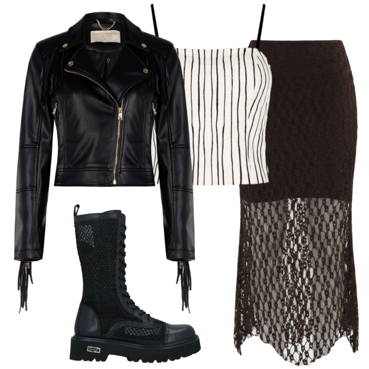 Outfit donna - Rock curvy style. Stile Rock per Serata fuori. Abbinamento con stivali, giacche, gonne longuette, canottiere.
