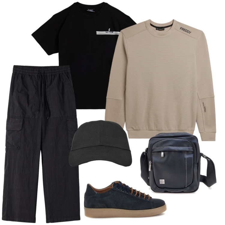Outfit uomo - Tempo di felpe. per Tutti i giorni. Abbinamento con cappelli con visiera, pantaloni cargo, felpe, t-shirt, borse sportive, sneakers.