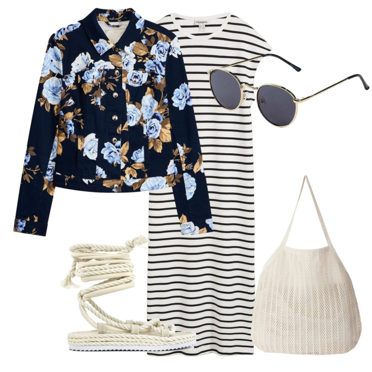 Outfit donna - Mix per il fine settimana. Stile Casual chic per Tutti i giorni. Abbinamento con occhiali da sole, vestiti, blazer, shopping bag, sandali.