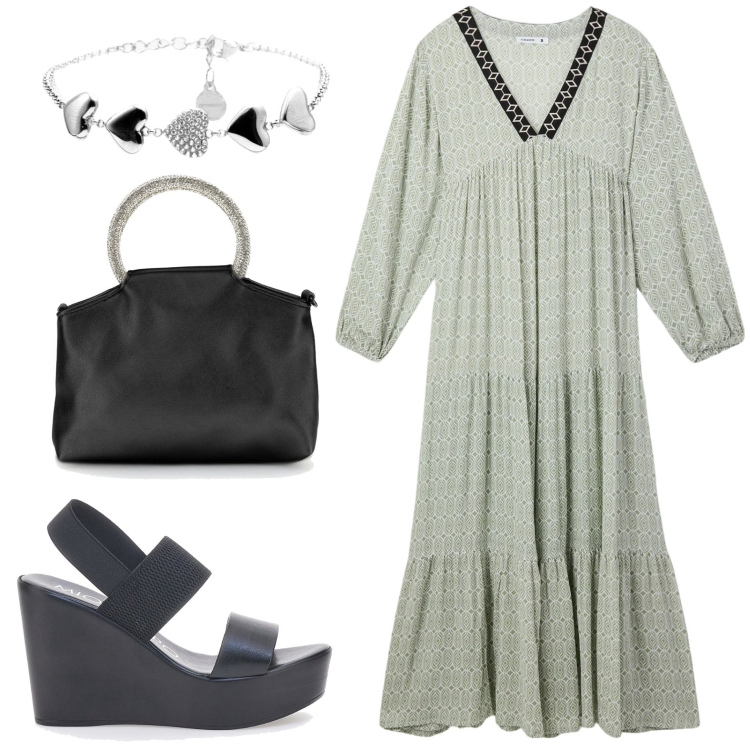 Outfit donna - Boho chic. Stile Boho per Tutti i giorni. Abbinamento con vestiti lunghi, braccialetti, borse a mano, sandali col tacco.