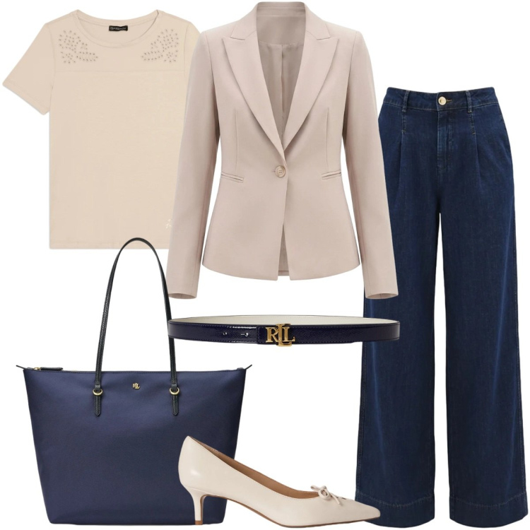 Outfit donna - Blazer leggeri. Stile Casual chic per Ufficio. Abbinamento con blazer, jeans dritti, t-shirt, décolleté, cinture, borse tote.