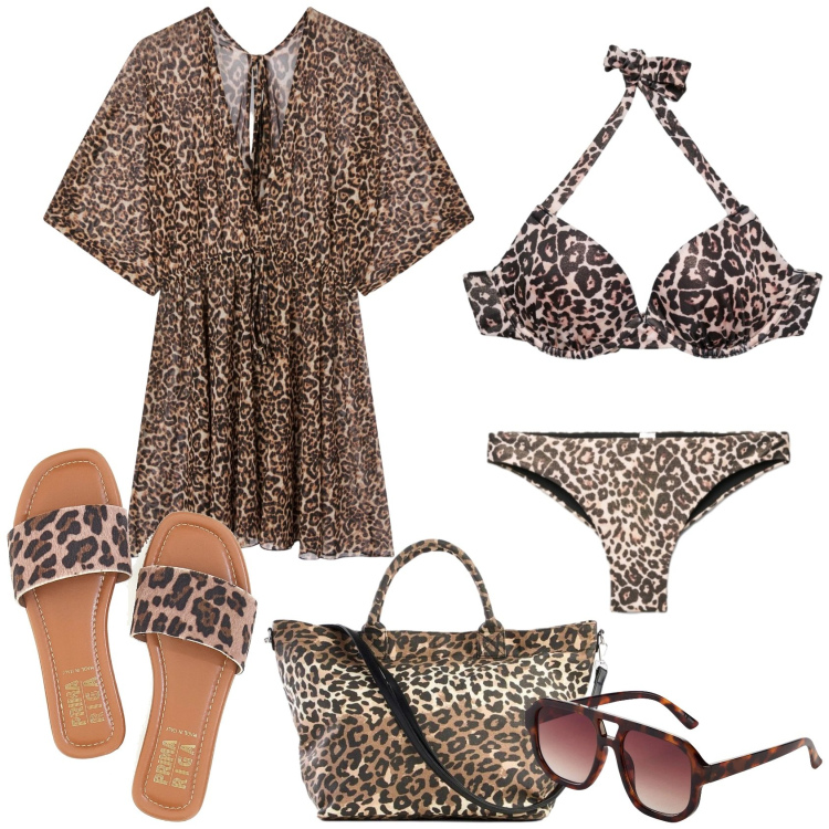 Outfit donna - Al mare. Stile Trendy per Mare. Abbinamento con occhiali da sole, shopping bag, vestiti da spiaggia, slip, bikini, ciabatte.