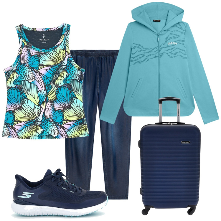 Outfit donna - Partenza comoda. Stile Casual per Tutti i giorni. Abbinamento con felpe con cappuccio, pantaloni sportivi, canottiere, sneakers, valigie.