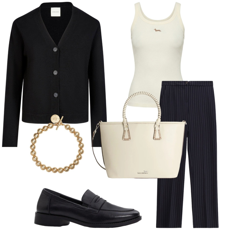 Outfit donna - Lunedì. Stile Bon Ton per Ufficio. Abbinamento con mocassini, pantaloni, shopping bag, canottiere, braccialetti, cardigans.