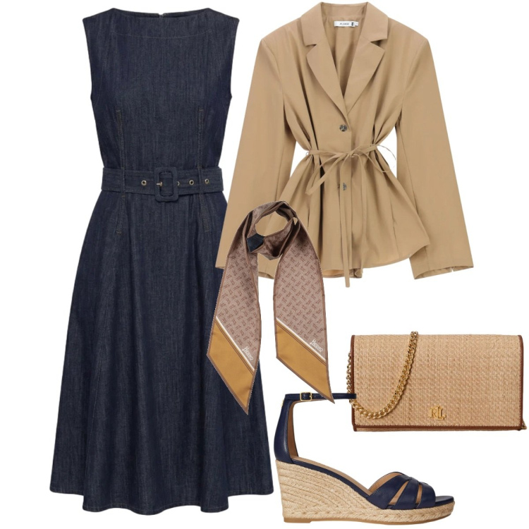 Outfit donna - Denim chic. Stile Casual chic per Tutti i giorni. Abbinamento con sciarpe, blazer, vestiti, zeppe, borse a tracolla.