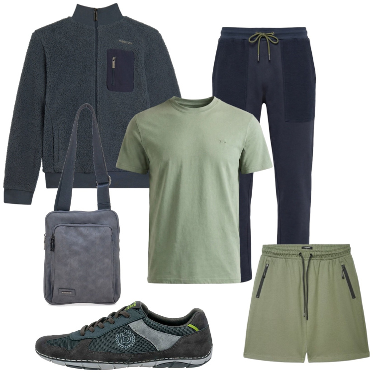 Outfit uomo - Nel parco. Stile Casual per Sport. Abbinamento con pantaloncini sportivi, t-shirt, pantaloni, felpe, portafogli, sneakers.