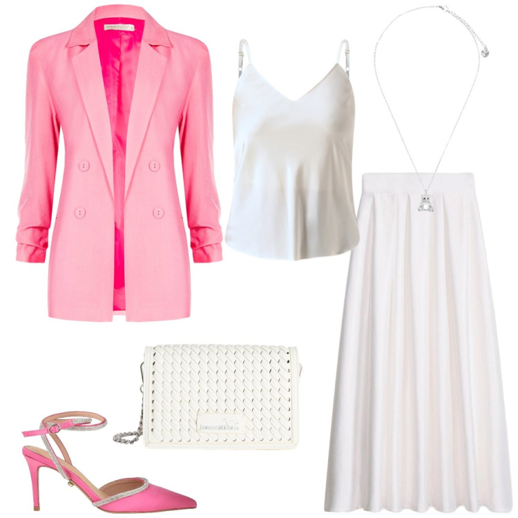 Outfit donna - Cerimonia. Stile Chic per Cerimonia. Abbinamento con décolleté, gonne lunghe, borse a tracolla, top, blazer, ciondoli.