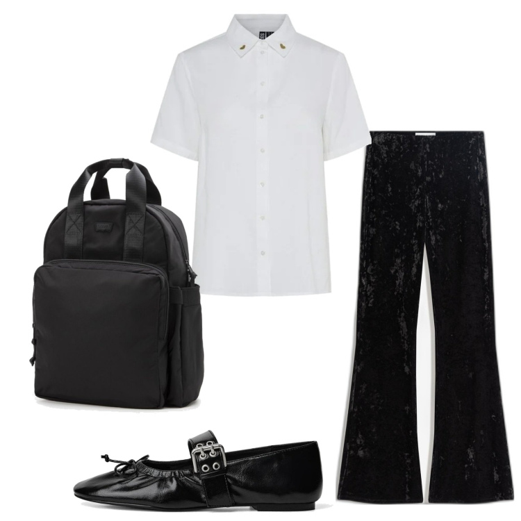 Outfit mujer - Basic look. Estilo Basic para Oficina. Combinación con mochilas, camisas de manga corta, bailarinas, pantalones.