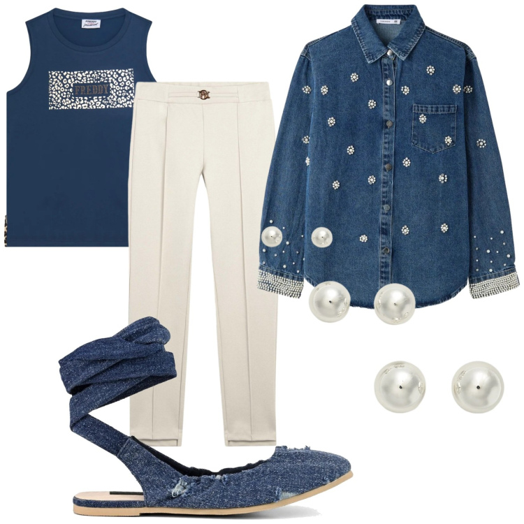 Outfit donna - Le Ballerine in denim. Stile Trendy per Tutti i giorni. Abbinamento con camicie, canottiere, pantaloni, orecchini, ballerine.