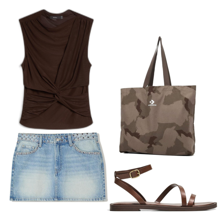 Outfit mujer - Urban look. Estilo Urban para Todos los días. Combinación con bolso tote, faldas, sandalias, top.