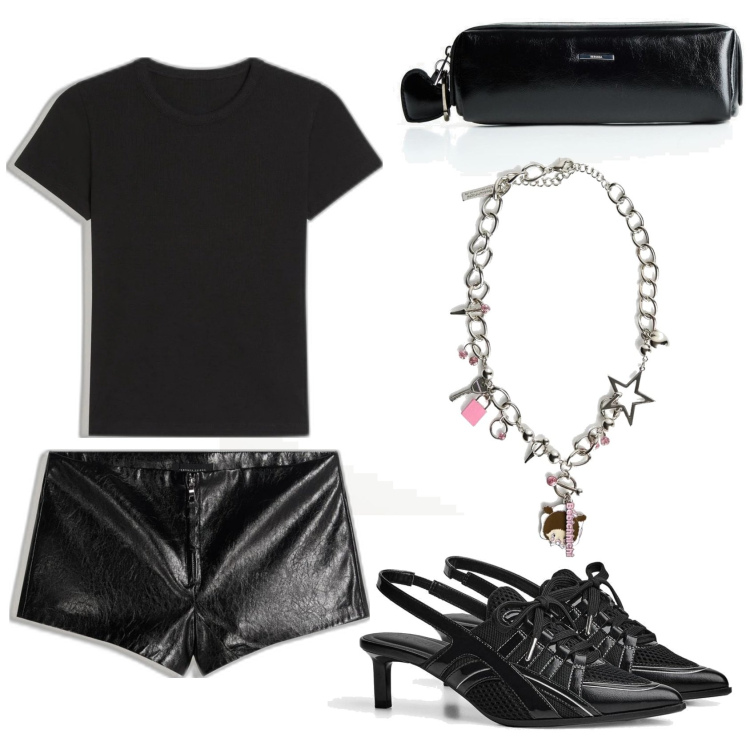 Outfit mujer - Casual chic. Estilo Casual chic para Todos los días. Combinación con maletas, sneakers, collares, shorts, camiseta.