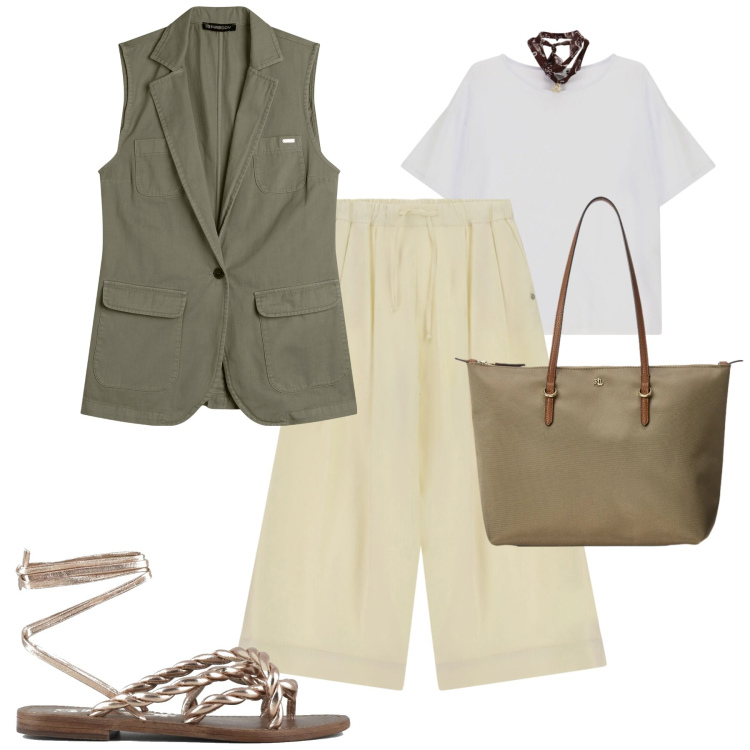 Outfit donna - City. Stile Urban per Tutti i giorni. Abbinamento con t-shirt, pantaloni a palazzo, gilet, borse tote, sandali in pelle.
