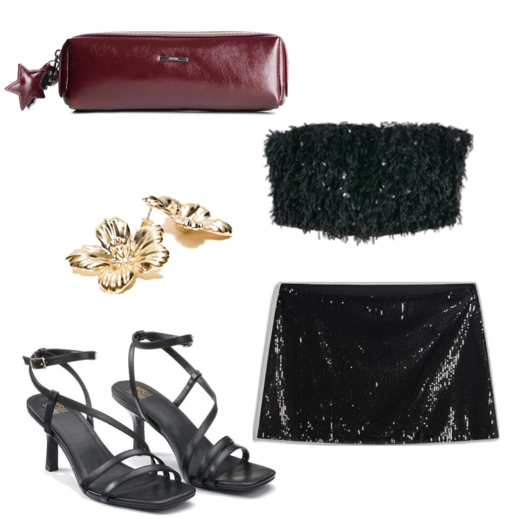 Outfit mujer - Sexy look. Estilo Sexy para Noche/Fiesta elegante. Combinación con sandalias de tacón, maletas, faldas, top, pendientes.