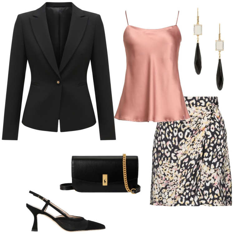 Outfit donna - Serata fuori. Stile Chic per Serata fuori. Abbinamento con minigonne, top, décolleté, blazer, clutch, orecchini.
