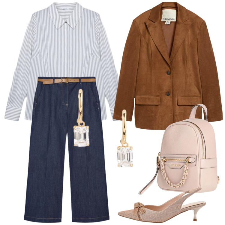 Outfit donna - In ufficio così. Stile Casual chic per Ufficio. Abbinamento con zaini, blazer, jeans, camicie, décolleté, orecchini.