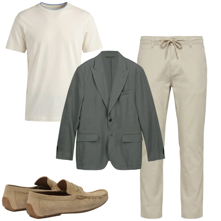 Outfit uomo - Natural white. Stile Urban per Tutti i giorni. Abbinamento con scarpe stringate, t-shirt, pantaloni, giacche.