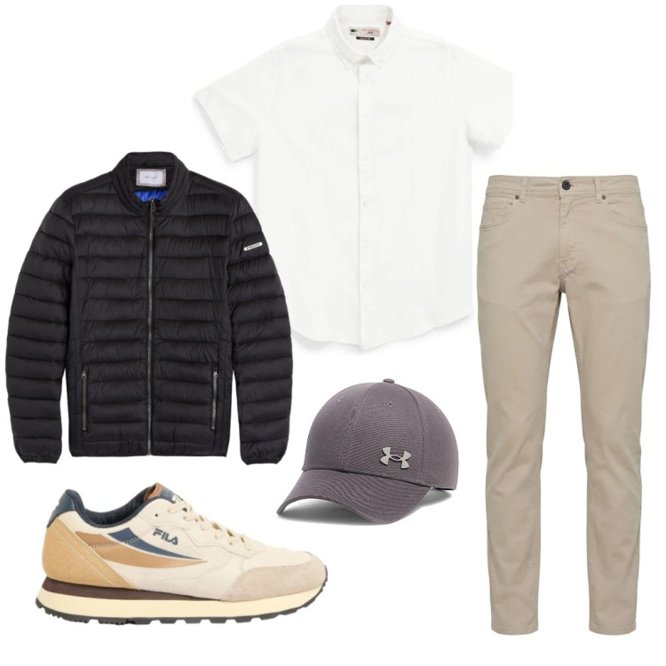 Outfit uomo - 11. In montagna. Stile Urban per Ufficio. Abbinamento con sneakers, pantaloni, piumini, camicie a manica corta, cappelli con visiera.