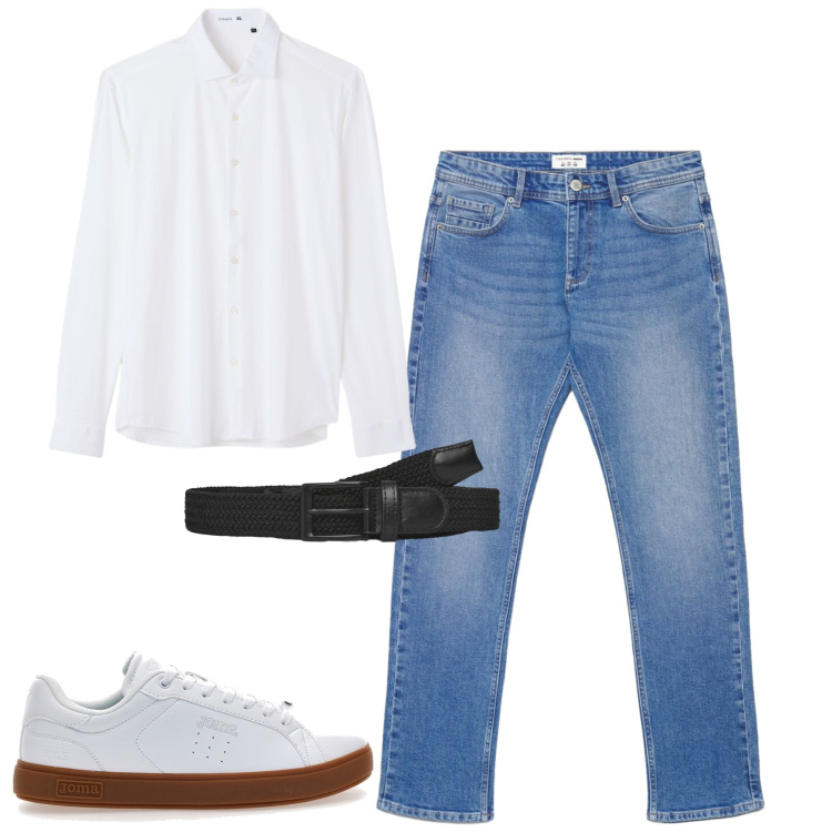 Outfit uomo - Jeans e camicia bianca. Stile Urban per Tutti i giorni. Abbinamento con cinture, jeans, camicie, sneakers.
