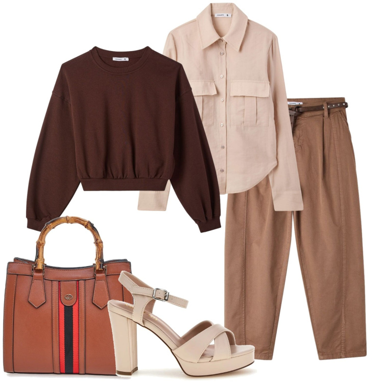 Outfit donna - Total look city Maggio. Stile Casual chic per Tutti i giorni. Abbinamento con camicie, felpe, pantaloni, borse a tracolla, sandali col tacco.