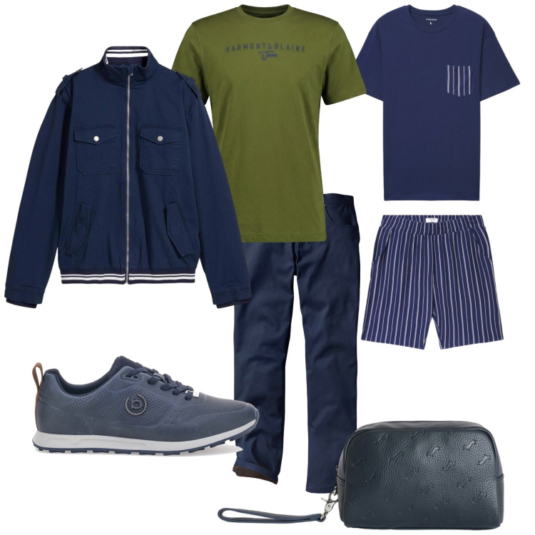 Outfit uomo - Pronto per il weekend. Stile Casual per Tutti i giorni. Abbinamento con pantaloni, giacche, abbigliamento da notte, borse sportive, t-shirt, sneakers.