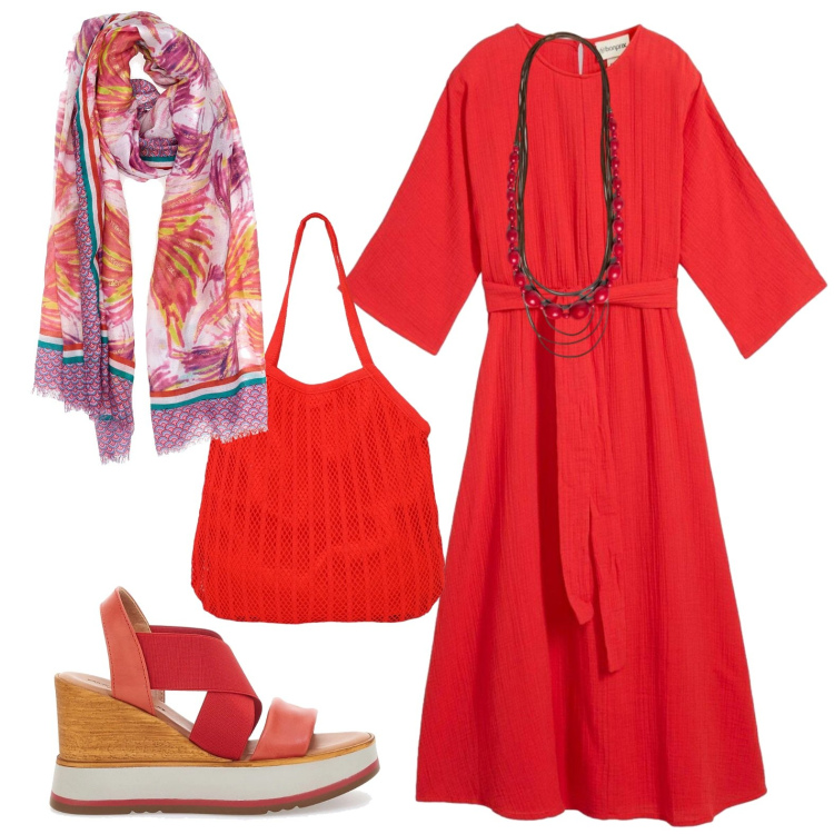Outfit donna - Rosso in città. Stile Urban per Tutti i giorni. Abbinamento con vestiti midi/longuette, shopping bag, collane, sciarpe, sandali col tacco.