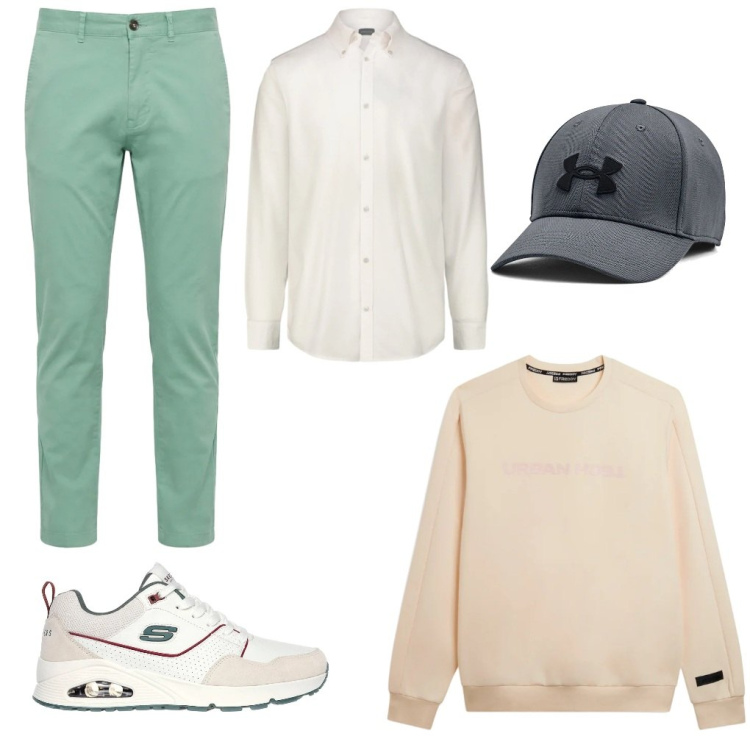 Outfit uomo - 13. In città. Stile Urban per Ufficio. Abbinamento con pantaloni, felpe, cappelli, sneakers, camicie.
