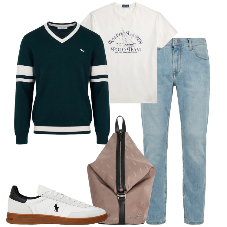 Outfit uomo - Viaggio breve. Stile Casual per Tutti i giorni. Abbinamento con jeans slim fit, borse sportive, pullovers, sneakers, t-shirt.