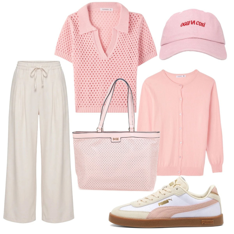 Outfit donna - Rosa pesca per tutti i giorni. Stile Urban per Tutti i giorni. Abbinamento con pantaloni, polo, cappelli con visiera, cardigans, borse a spalla, sneakers.