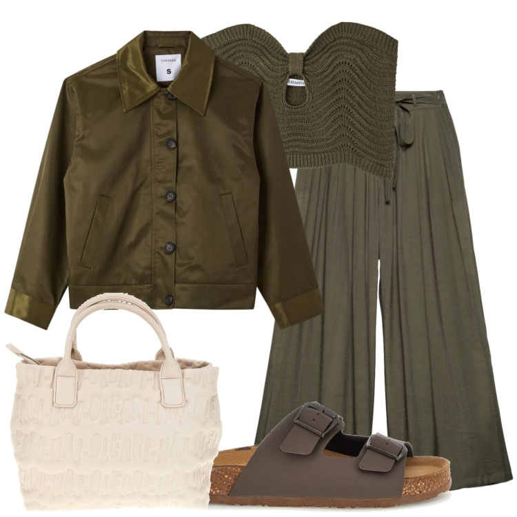Outfit donna - Total look city. Stile Casual chic per Tutti i giorni. Abbinamento con top, pantaloni, cappotti, borse a mano, ciabatte.