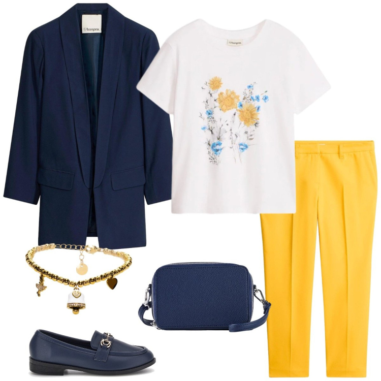 Outfit donna - Ufficio. Stile Casual chic per Ufficio. Abbinamento con pantaloni, t-shirt, borse a tracolla, blazer, braccialetti, mocassini.