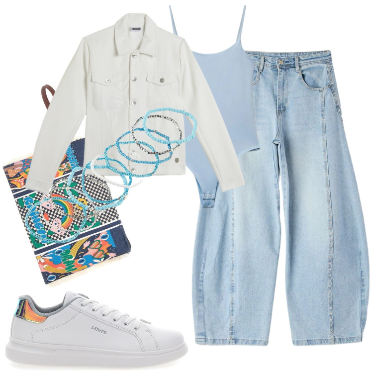 Outfit donna - Total look denim. Stile Casual chic per Scuola/Università. Abbinamento con braccialetti, top, jeans, giacche, pochette, sneakers.