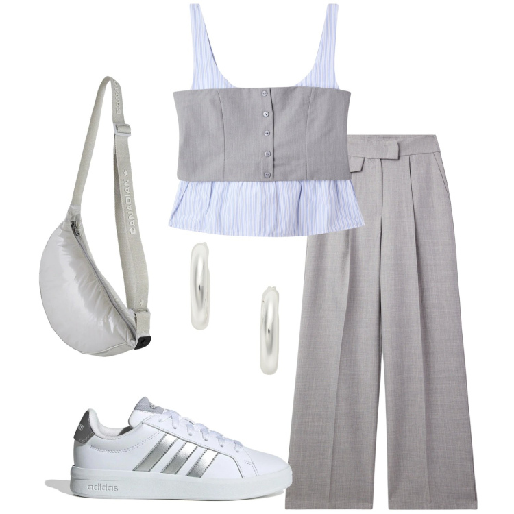 Outfit donna - Total look riunione. Stile Mannish per Ufficio. Abbinamento con pantaloni, top, borse a tracolla, orecchini, sneakers.