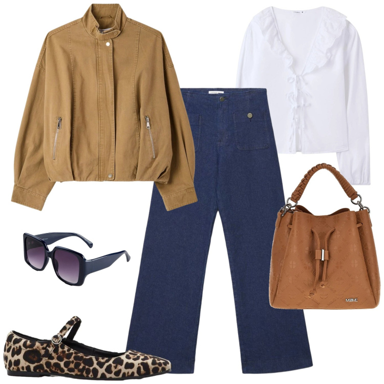 Outfit donna - Tempo variabile. Stile Casual chic per Tutti i giorni. Abbinamento con ballerine, occhiali da sole, camicie, jeans, bomber, borse a tracolla.