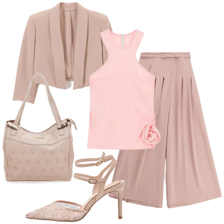 Outfit donna - Cerimonia Peach Blush. Stile Chic per Cerimonia. Abbinamento con pantaloni a palazzo, top, bolero, décolleté, shopping bag.