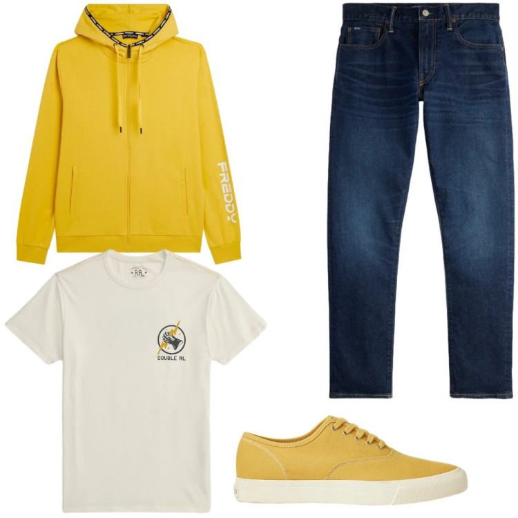 Outfit uomo - 12. Bello come il sole. Stile Urban per Tutti i giorni. Abbinamento con felpe con cappuccio, sneakers, jeans, t-shirt.
