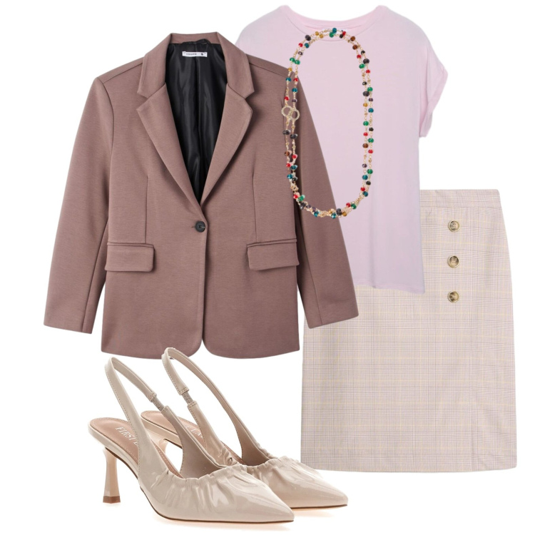 Outfit donna - Total look: aula professori. Stile Bon Ton per Scuola/Università. Abbinamento con gonne longuette, t-shirt, blazer, collane, décolleté.