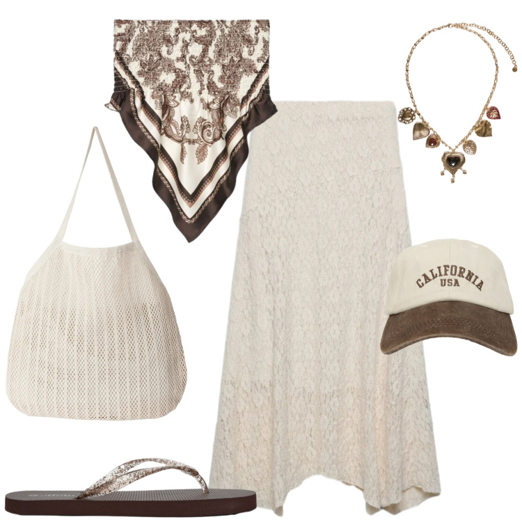 Outfit donna - Weekend al mare. Stile Boho per Mare. Abbinamento con gonne lunghe, cappelli con visiera, shopping bag, top, infradito, collane.