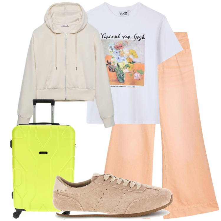 Outfit donna - In partenza. Stile Casual per Tutti i giorni. Abbinamento con jeans, t-shirt, felpe con cappuccio, sneakers, valigie.
