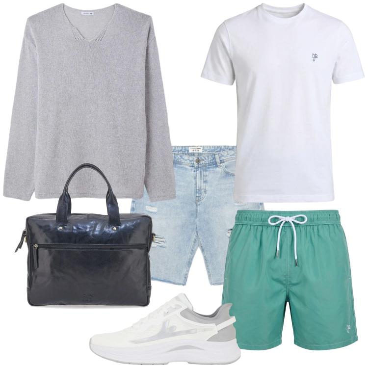 Outfit uomo - Inizio di mare. Stile Casual per Mare. Abbinamento con maglieria, shorts, t-shirt, costumi, sneakers, borse sportive.