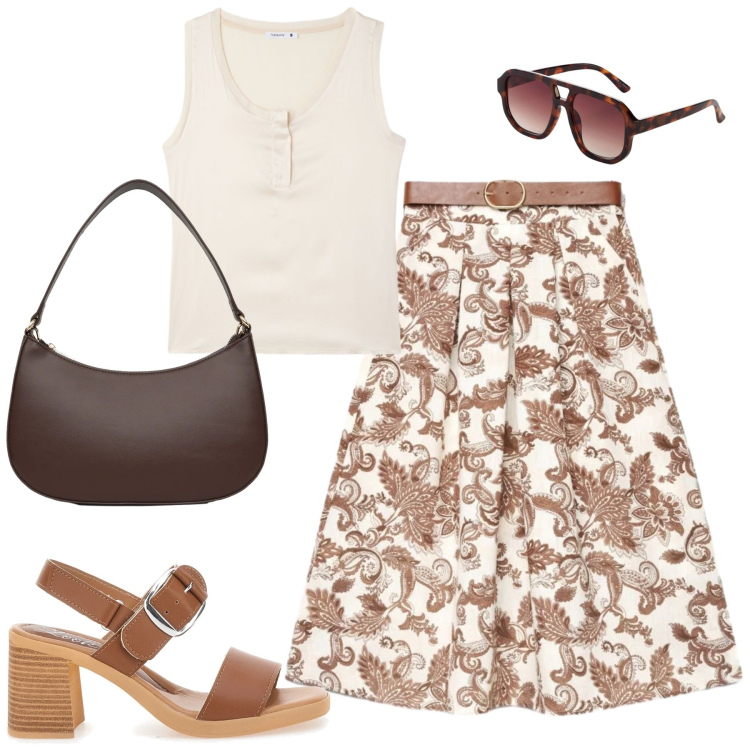 Outfit donna - City. Stile Urban per Tutti i giorni. Abbinamento con occhiali da sole, gonne lunghe, borse a tracolla, canottiere, sandali col tacco.