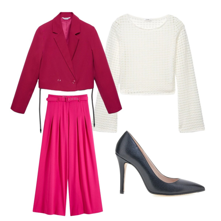 Outfit donna - Giacca attillata fucsia per la primavera. Stile Mannish per Ufficio. Abbinamento con pantaloni, blazer, maglieria, décolleté.