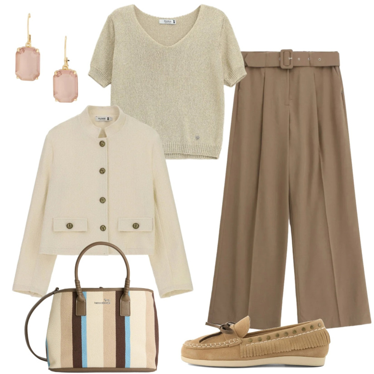 Outfit donna - Mocassini. Stile Casual per Ufficio. Abbinamento con maglieria, pantaloni a palazzo, cappotti, shopping bag, orecchini, mocassini.