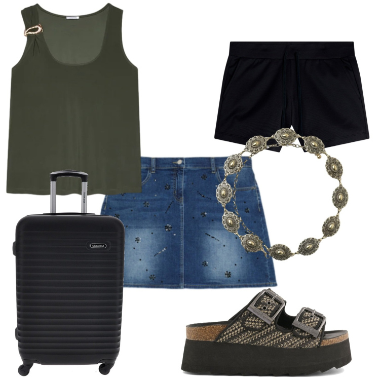Outfit donna - Un viaggio casual chic. Stile Casual chic per Tutti i giorni. Abbinamento con cinture, minigonne, canottiere, shorts, zeppe, valigie.