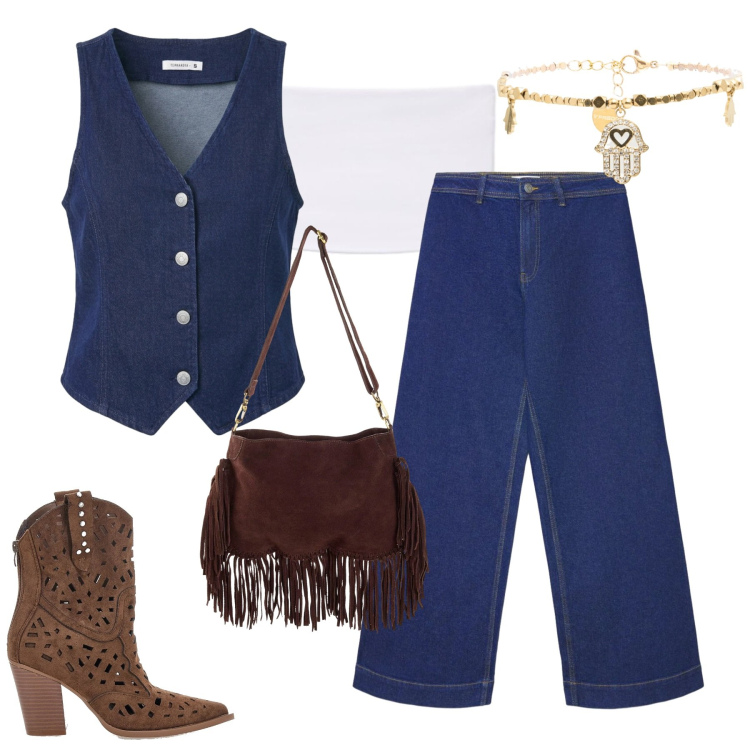 Outfit donna - Terranova. Stile Casual per Tutti i giorni. Abbinamento con borse a tracolla, jeans, gilet, top, braccialetti, stivaletti texani.